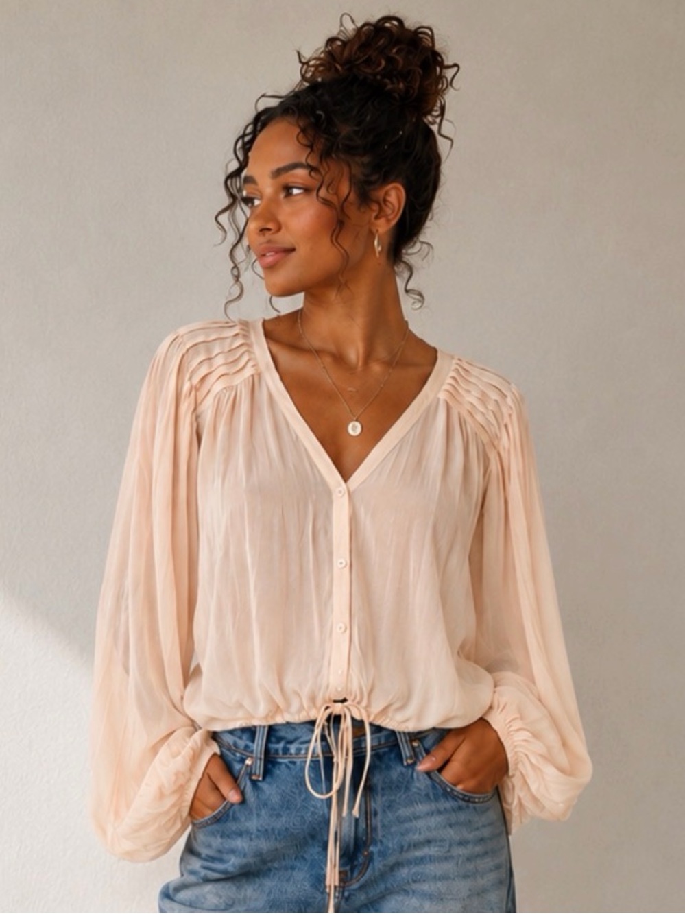 Worn Once/H&M Blush Pleated Peasant Blouse Balloon Sleeve Drawstring - Size 12